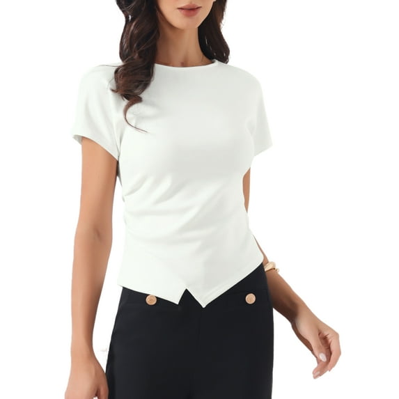 INSPIRE CHIC Causal T-shirt for Women's Short Sleeve Irregular Hem Crew Neck Summer Basic Tee Tops XS White