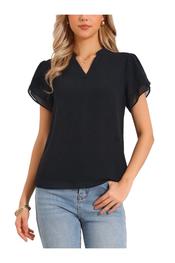 Chiffon Blouses for Women's Dressy Casual Short Ruffle Petal Sleeve Notch Neck Top Shirts L Black