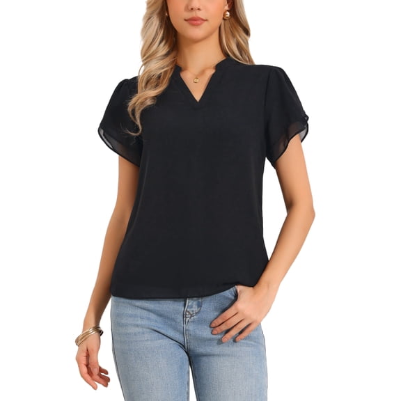 Chiffon Blouses for Women's Dressy Casual Short Ruffle Petal Sleeve Notch Neck Top Shirts L Black