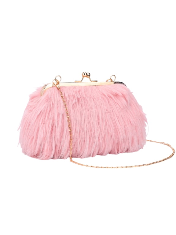 Women's Faux Fur Clutch Pearl Beaded Handle Removable Chain Crossbody Evening Handbag Light Pink