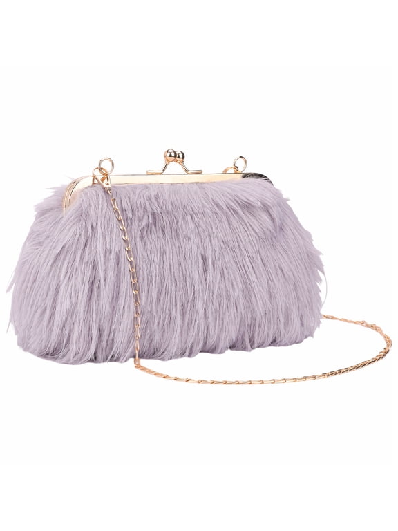 Clutch Purse Fluffy Feather Crossbody Pearl Handbag with Chain for Women Purple