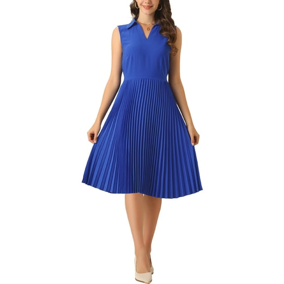 INSPIRE CHIC Collared Pleated Dress for Women's V Neck Sleeveless Work Office Dresses S Blue