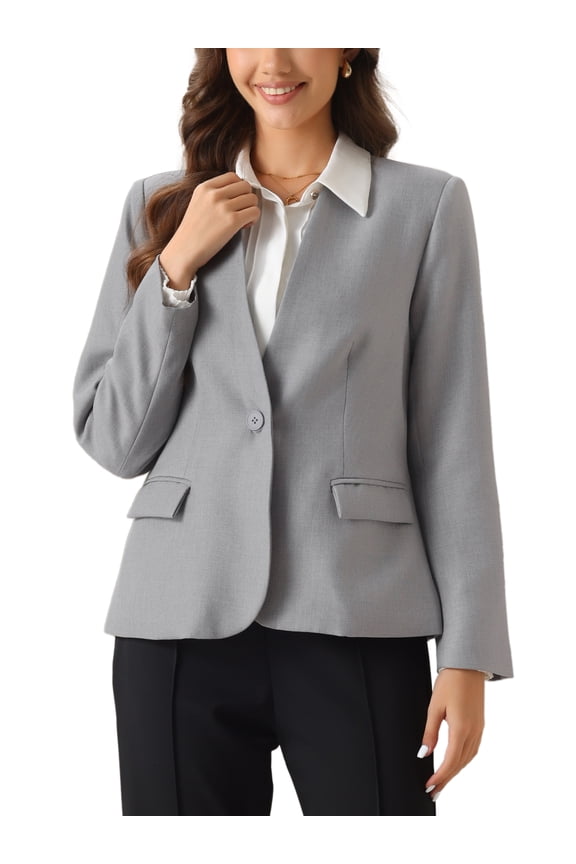 Collarless Blazer for Women's Office 1 Button Work Blazer Suit L Grey