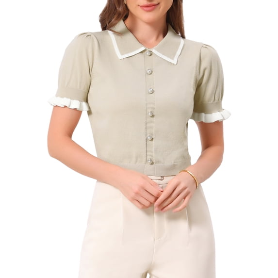 INSPIRE CHIC Contrast Trim Short Sleeve Cardigan Sweater for Women's Summer Cardigans Knit Sweaters Tops S Beige
