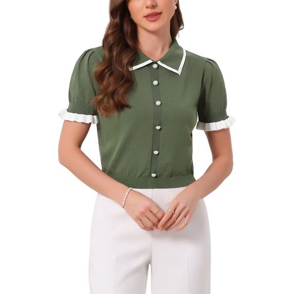 INSPIRE CHIC Contrast Trim Short Sleeve Cardigan Sweater for Women's Summer Cardigans Knit Sweaters Tops XS Green