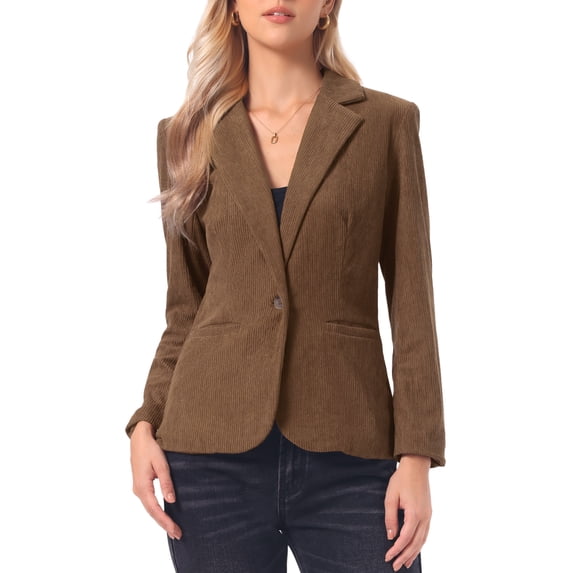 INSPIRE CHIC Corduroy Blazer for Women's Notched Lapel Long Sleeve Casual One Button Jacket with Pockets S Brown