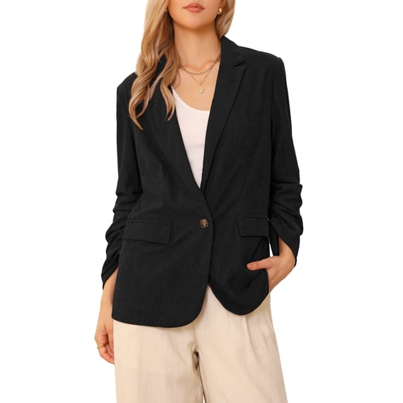 INSPIRE CHIC Corduroy Blazers for Women Dressy Casual One Button Lapel Long Sleeve Office Work Suit Jackets with Pockets L Black