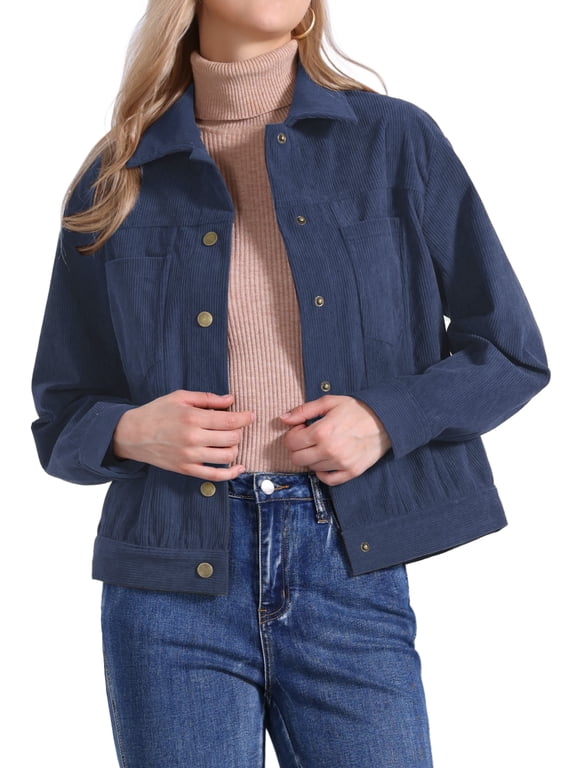 Corduroy Jacket for Women Casual Long Sleeve Fall Outerwear Button Down Shacket Jackets M Dark Blue