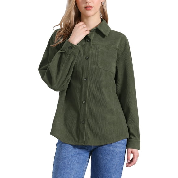 INSPIRE CHIC Corduroy Jacket for Women's Button Up V Neck Blouses Autumn and Winter Loose Shirt L Army green
