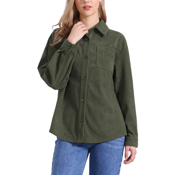 INSPIRE CHIC Corduroy Jacket for Women's Button Up V Neck Blouses Autumn and Winter Loose Shirt M Army green