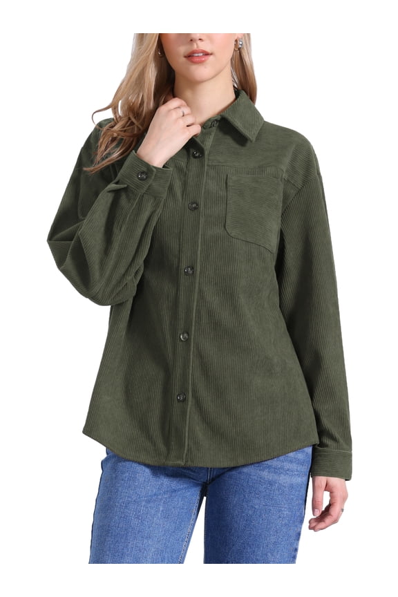 Corduroy Jacket for Women's Button Up V Neck Blouses Autumn and Winter Loose Shirt M Army green