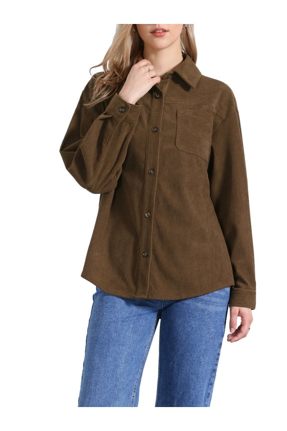 Corduroy Jacket for Women's Button Up V Neck Blouses Autumn and Winter Loose Shirt S Brown
