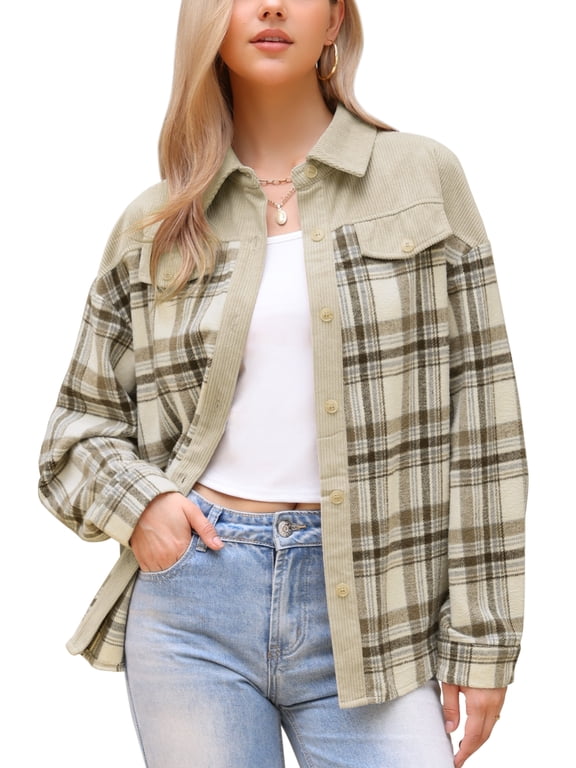 Corduroy Jacket for Women's Flannel Shacket Plaid Button Down Shirts Casual Jackets XS Apricot