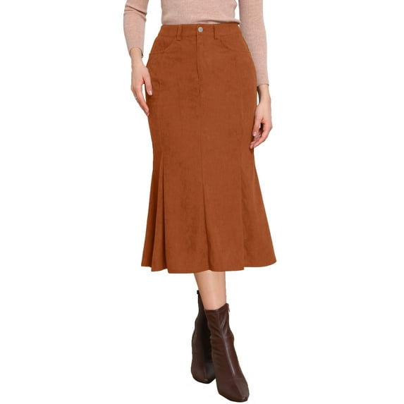 INSPIRE CHIC Corduroy Skirt for Women Fall High Waist Work Dressy Casual Fishtail Midi Skirs L Caramel