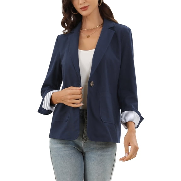 INSPIRE CHIC Cotton Linen Blazers for Women's Business Casual One Button Work Jacket Office Suit L Navy Blue