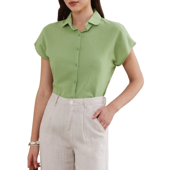 INSPIRE CHIC Cotton Linen Shirts for Women Button Down Short Sleeve Shirt Summer Casual Beach Blouses Tops 2XL Green