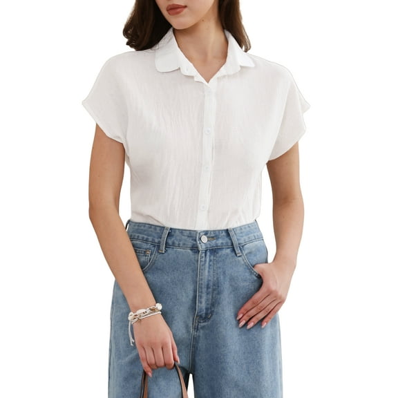 INSPIRE CHIC Cotton Linen Shirts for Women Button Down Short Sleeve Shirt Summer Casual Beach Blouses Tops L White