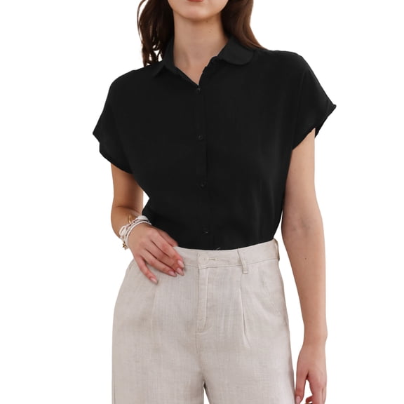 INSPIRE CHIC Cotton Linen Shirts for Women Button Down Short Sleeve Shirt Summer Casual Beach Blouses Tops M Black
