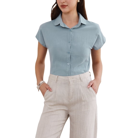 INSPIRE CHIC Cotton Linen Shirts for Women Button Down Short Sleeve Shirt Summer Casual Beach Blouses Tops M Light Blue