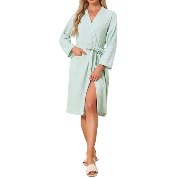 INSPIRE CHIC Cotton Robes for Women Long Sleeve V-Neck Loungewear Soft Spa Long Bathrobe with Pockets S Green