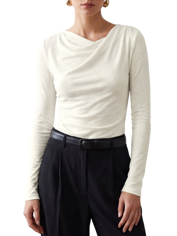 Cowl Neck Tops for Womens's Long Sleeve Elegant Draped Fall Casual Lightweight Blouse XL Beige
