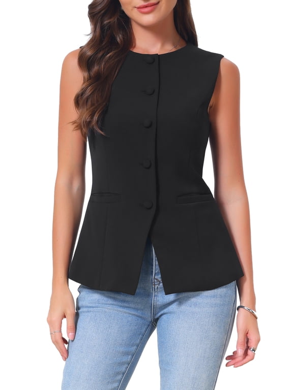 Crew Neck Suit Vest for Women's Slim Fit Waistcoat Dressy Sleeveless Blazer with Pockets M Black