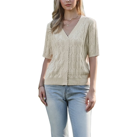 INSPIRE CHIC Crochet Cardigan for Women's Short Sleeve Open Front Cropped Hollow Out Summer Shrug for Dresss L Beige
