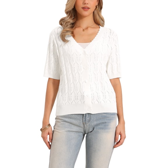 INSPIRE CHIC Crochet Cardigan for Women's Short Sleeve Open Front Cropped Hollow Out Summer Shrug for Dresss S White