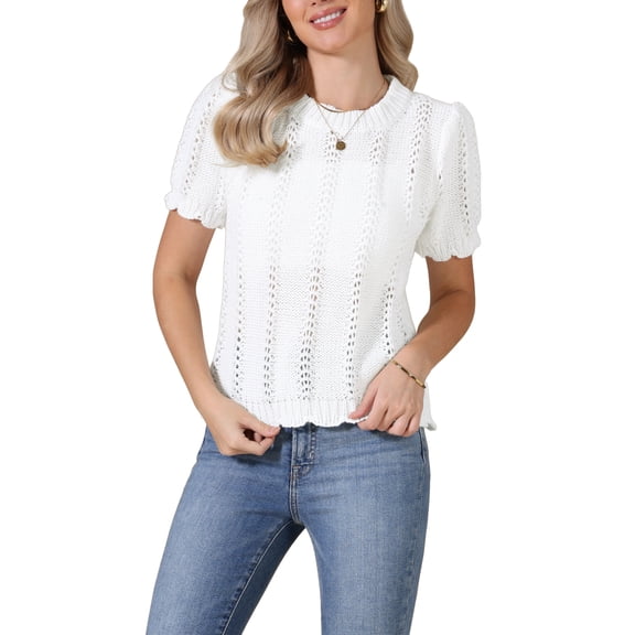 INSPIRE CHIC Crochet Knit Top for Women Short Sleeve Crew Neck Eyelet Embroidery Summer Casual T-Shirt Beach Clothes S White