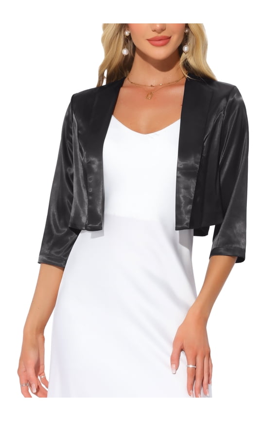 Cropped Blazer for Women Open Front Lapel Collar Business Office Casual Short Suit Jacket Cardigan Outerwear M Black