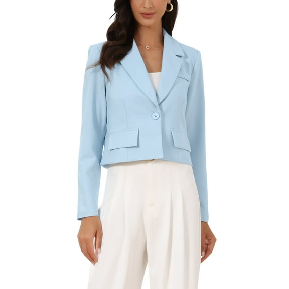 INSPIRE CHIC Cropped Blazer for Women's Lapel Collar Work Office Long Sleeve Suit Jacket Business Blazers M Light Blue