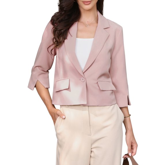 INSPIRE CHIC Cropped Blazers for Women 3/4 Sleeve Lapel Collar One Button Suit Jacket Blazer Business Casual XL Dark Pink