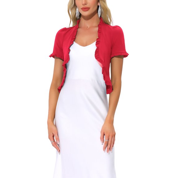 INSPIRE CHIC Cropped Cardigan for Women's Open Front Ruffle Knit Shrugs M Red