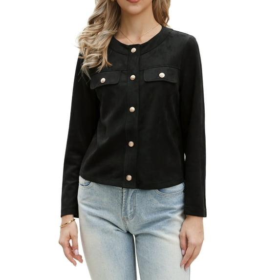 INSPIRE CHIC Cropped Jacket for Women's Collarless Long Sleeve Button Down Vintage Casual Coat Jackets Black M