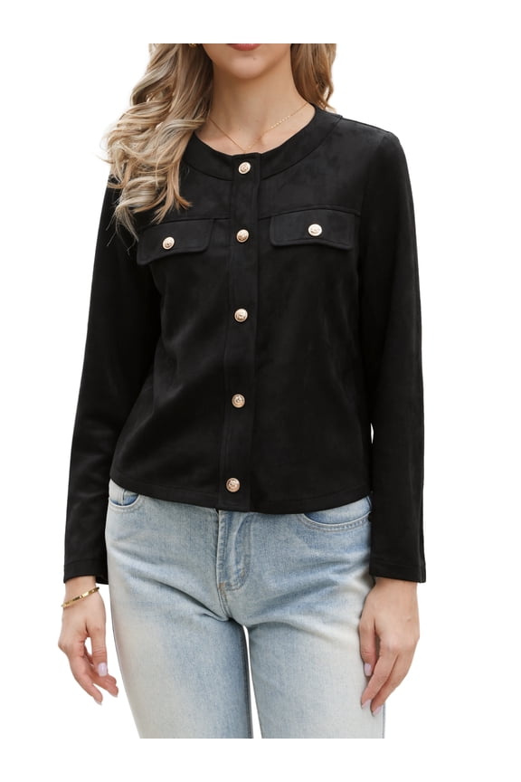 Cropped Jacket for Women's Collarless Long Sleeve Button Down Vintage Casual Coat Jackets Black XS