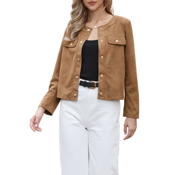 INSPIRE CHIC Cropped Jacket for Women's Collarless Long Sleeve Button Down Vintage Casual Coat Jackets Brown M