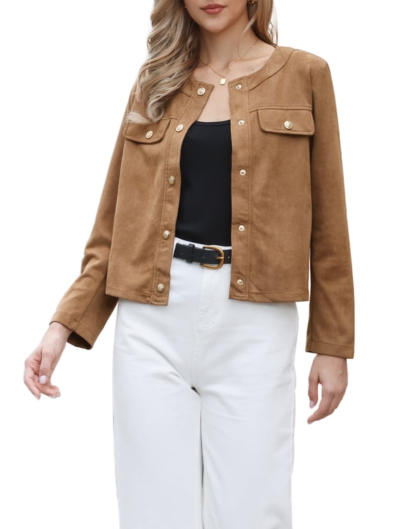Faux Suede Jacket for Women's Western Button Collarless Jackets - Casual Long Sleeve Shacket Brown XL