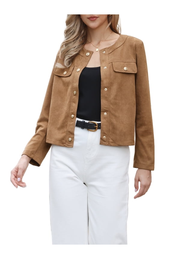 Cropped Jacket for Women's Collarless Long Sleeve Button Down Vintage Casual Coat Jackets Brown XL