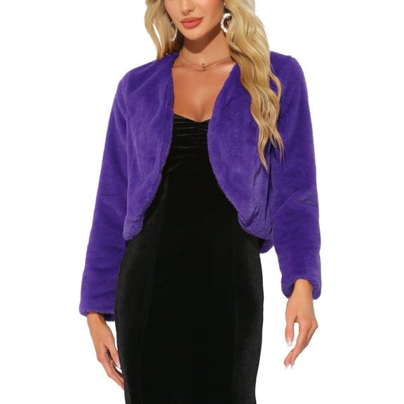 INSPIRE CHIC Cropped Open Front Jacket for Women's Faux Fur Long Sleeve Bolero Winter Coat L Purple