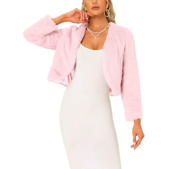 INSPIRE CHIC Cropped Open Front Jacket for Women's Faux Fur Long Sleeve Bolero Winter Coat M Pure Pink