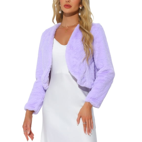 INSPIRE CHIC Cropped Open Front Jacket for Women's Faux Fur Long Sleeve Bolero Winter Coat S Light Purple