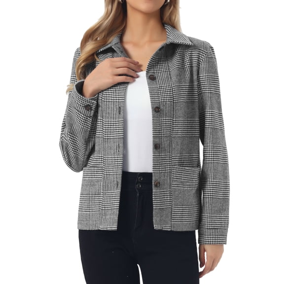 INSPIRE CHIC Cropped Shacket Plaid Jacket for Women Long Sleeve Fall Trendy Button Down Shirt with Pockets XS Black