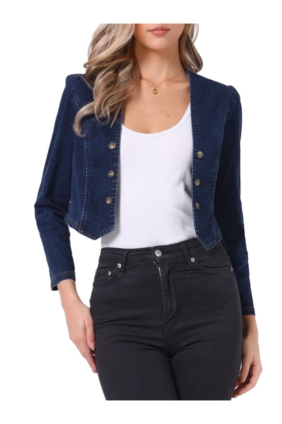 Denim Cropped Jacket for Women's Open Front Collarless Casual Bolero Shrug M Dark Blue