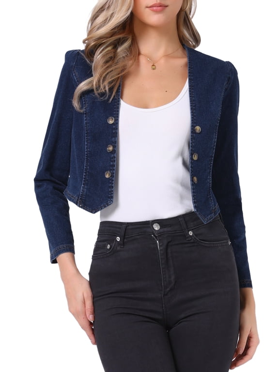 Denim Cropped Jacket for Women's Open Front Collarless Casual Bolero Shrug XS Dark Blue