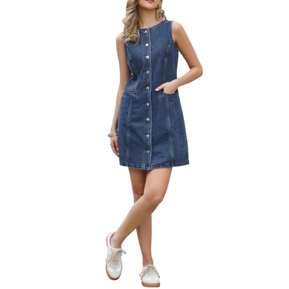 INSPIRE CHIC Denim Dress for Women Button Down Sleeveless Collarless Pockets Pencil Jean Dresses XL Dark Blue