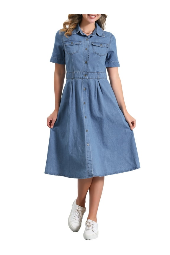 Women's Denim Dress Short Sleeves Turndown Collar A-Line Button Up Jean Midi Dresses M Light Blue