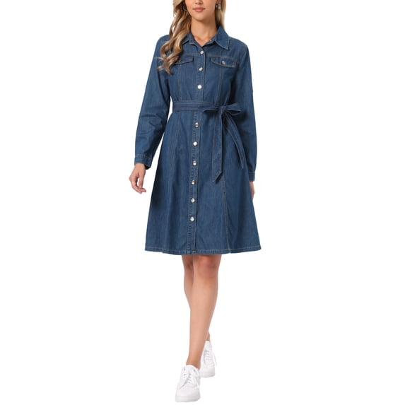 INSPIRE CHIC Denim Dress for Women's Back to School Long Sleeve Button Down A-Line Belted Classic Jean Dresses S Navy Blue