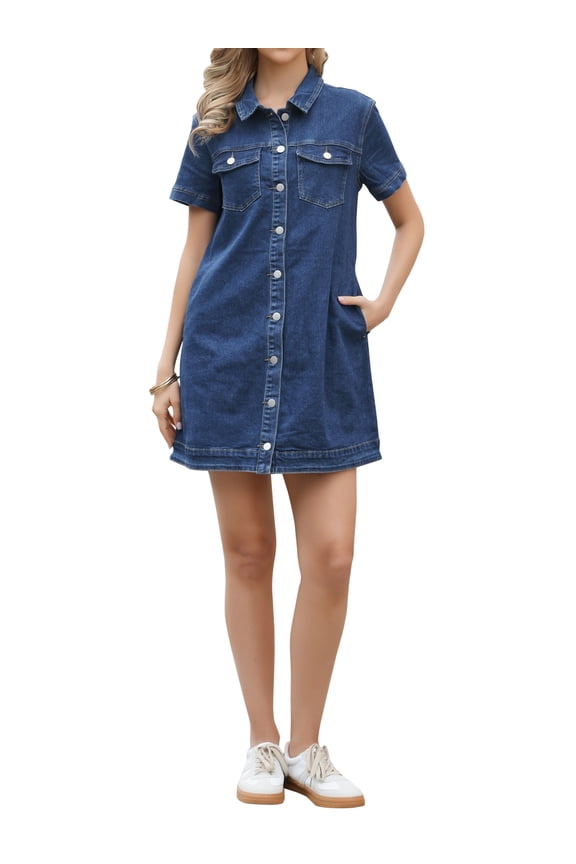 Denim Dress for Women's Short Sleeve Button Down A-Line Jean Dresses M Dark Blue