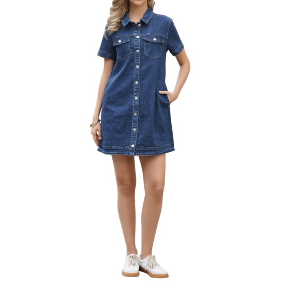 INSPIRE CHIC Denim Dress for Women's Short Sleeve Button Down A-Line Jean Dresses XS Dark Blue
