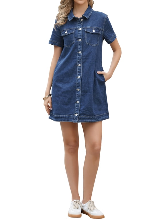 Denim Dress for Women's Short Sleeve Button Down A-Line Jean Dresses XS Dark Blue